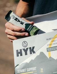 Person holding a box of HYK Summit Support Hydration Drink Mix with a single package.