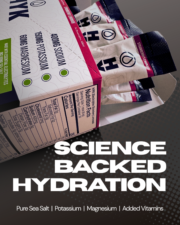 Hydration packets with branding and text on a dark background