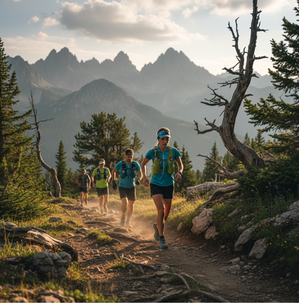 Runners on a mountain trail with scenic mountains in the background