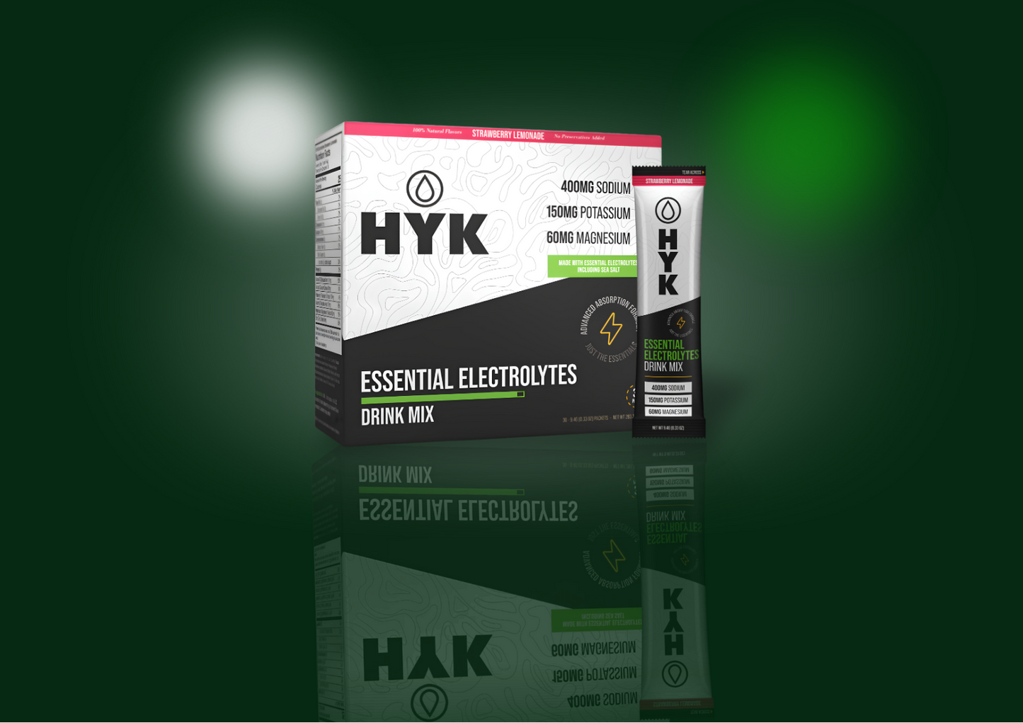 A box of HYK Essential Electrolytes Drink Mix with a single sachet standing in front, shown on a dark green reflective background.