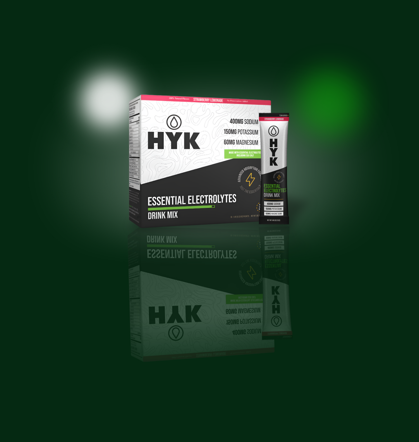 A box of HYK Essential Electrolytes Drink Mix with a single sachet standing in front, shown on a dark green reflective background.